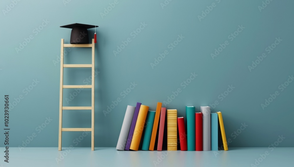A ladder leaning against books with an orange graduation cap on top, on a grey background A ladder leaning against books with an orange graduation cap on top, on a grey background