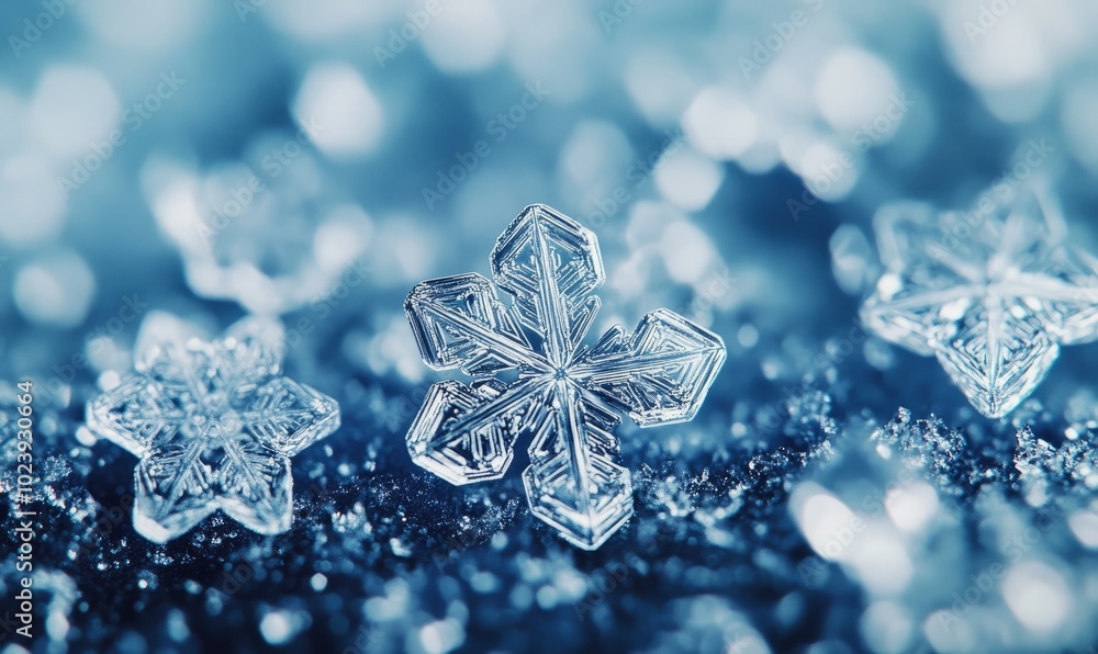 Snowflakes with hexagonal geometry, perfectly aligned on a frosty surface, each flake a masterpiece of natural symmetry Snowflakes with hexagonal geometry, perfectly aligned on a frosty surface, each flake a masterpiece of natural symmetry