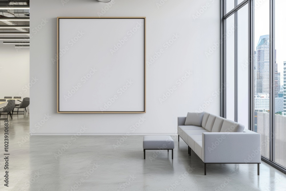 A large white blank poster frame hung on the wall of an office with concrete floors and modern furniture A large white blank poster frame hung on the wall of an office with concrete floors and modern furniture