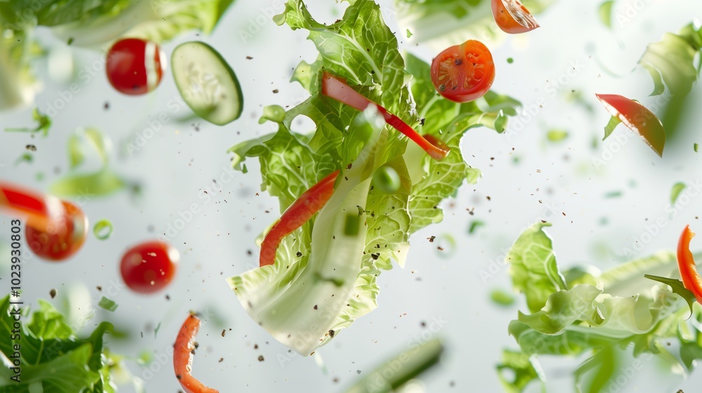 Fresh vegetable salad ingredients in mid-air, featuring lettuce, cherry tomatoes, cucumbers, and peppers
Fresh vegetable salad ingredients in mid-air, featuring lettuce, cherry tomatoes, cucumbers, and peppers