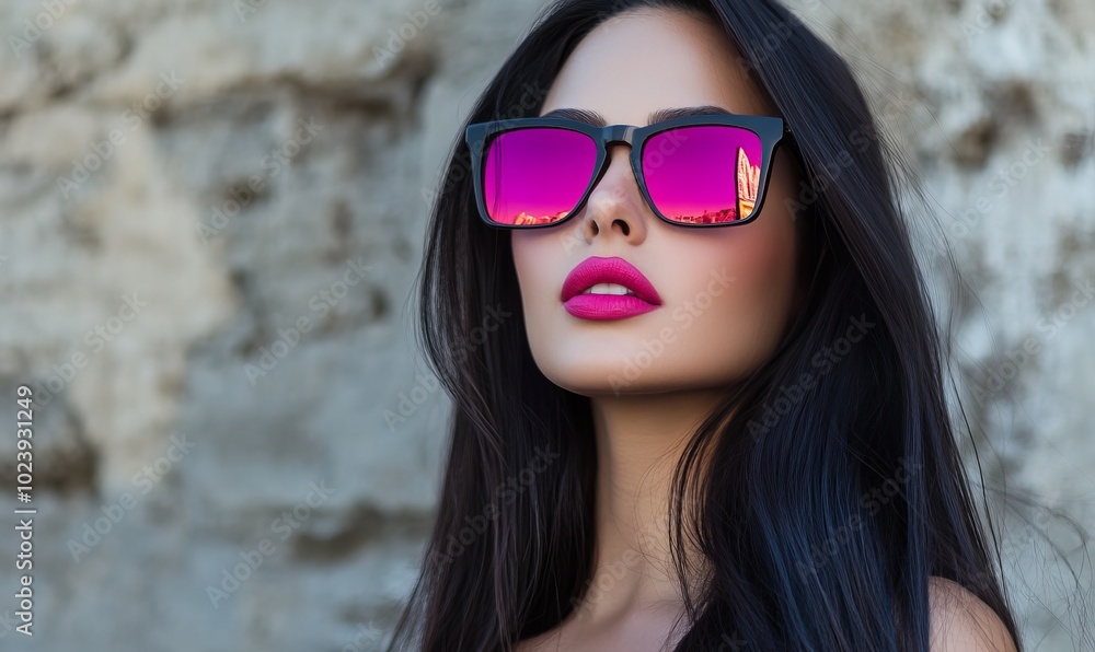 A woman with long dark hair and a bright pink lip color is wearing sunglasses A woman with long dark hair and a bright pink lip color is wearing sunglasses