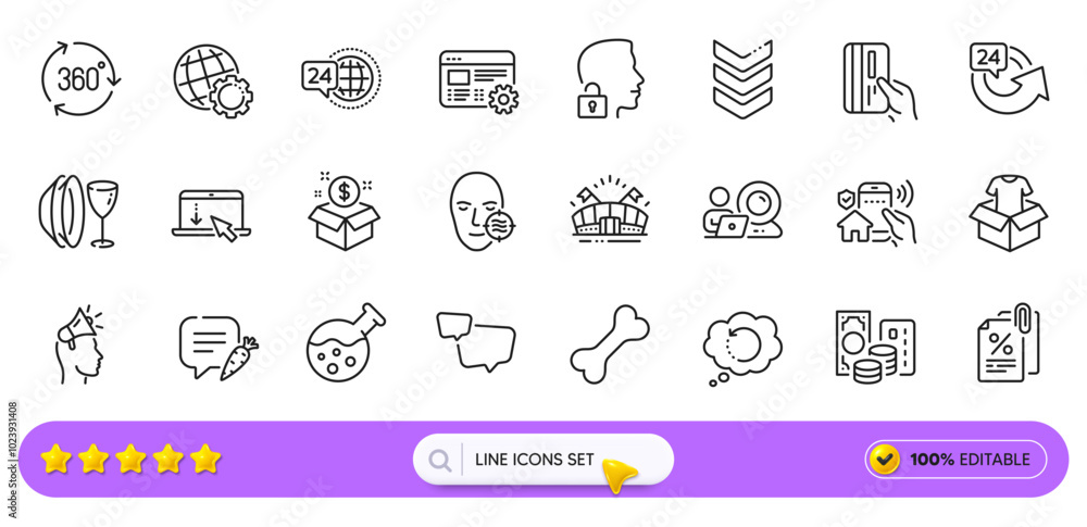 Video conference, Web settings and Dog bone line icons for web app. Pack of Post package, Clothing, Brand ambassador pictogram icons. Globe, Dish plate, Sports arena signs. Search bar. Vector