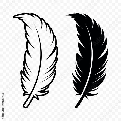 Vector Black and White Fluffy Feather Logo Icons. Silhouette Feather Set Closeup Isolated. Design Template of Flamingo, Angel, Bird Feather. Lightness and Freedom Concept