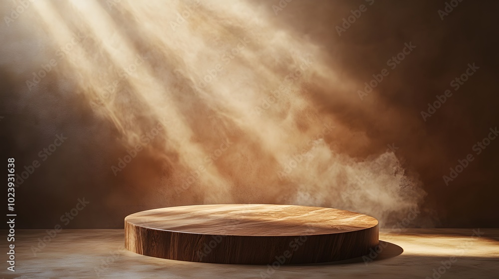 3. An elegant setup showcasing a round wooden podium, beautifully backlit to enhance its texture, with a dreamy haze in pastel golden brown tones that adds depth and warmth to the composition 3. An elegant setup showcasing a round wooden podium, beautifully backlit to enhance its texture, with a dreamy haze in pastel golden brown tones that adds depth and warmth to the composition