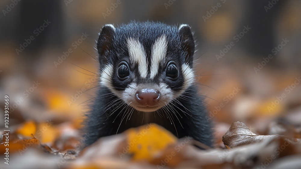 A close-up of a small, black and white animal with large eyes, looking directly at the camera, surrounded by autumn leaves. A close-up of a small, black and white animal with large eyes, looking directly at the camera, surrounded by autumn leaves.