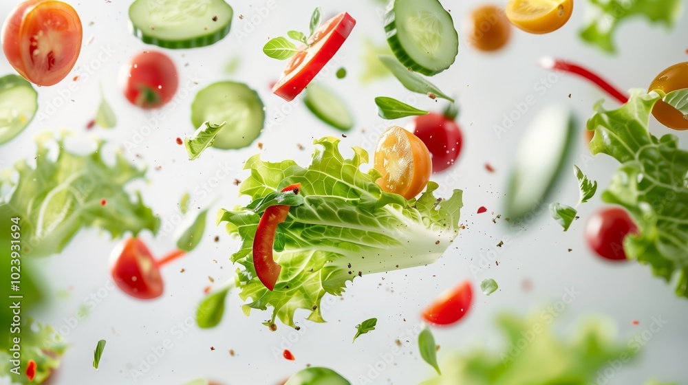 Fresh salad ingredients with lettuce, tomatoes, cucumbers, and peppers floating in mid-air
Fresh salad ingredients with lettuce, tomatoes, cucumbers, and peppers floating in mid-air