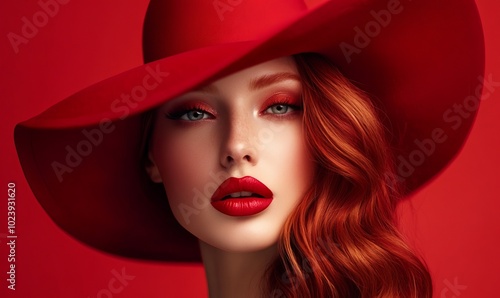 A woman with red lips and red hair is wearing a red hat