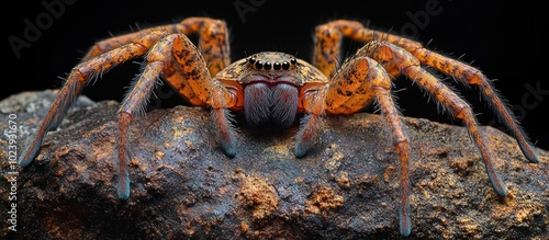 A large, orange and brown huntsman spider with hairy legs and large fangs. It is perched on a rock, facing the camera.