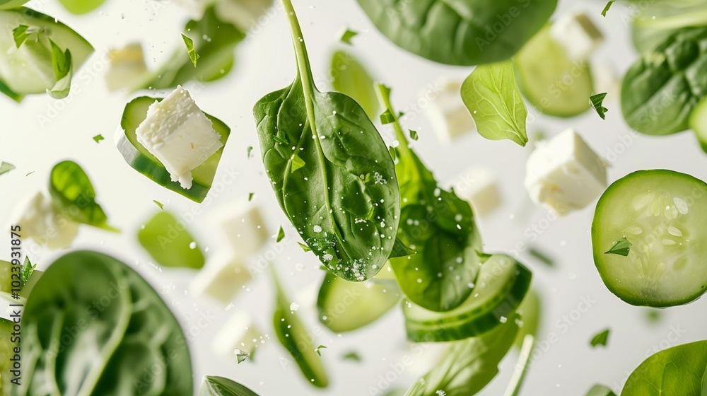 Obraz premium Fresh spinach, cucumber, and feta cheese salad ingredients floating in mid-air 