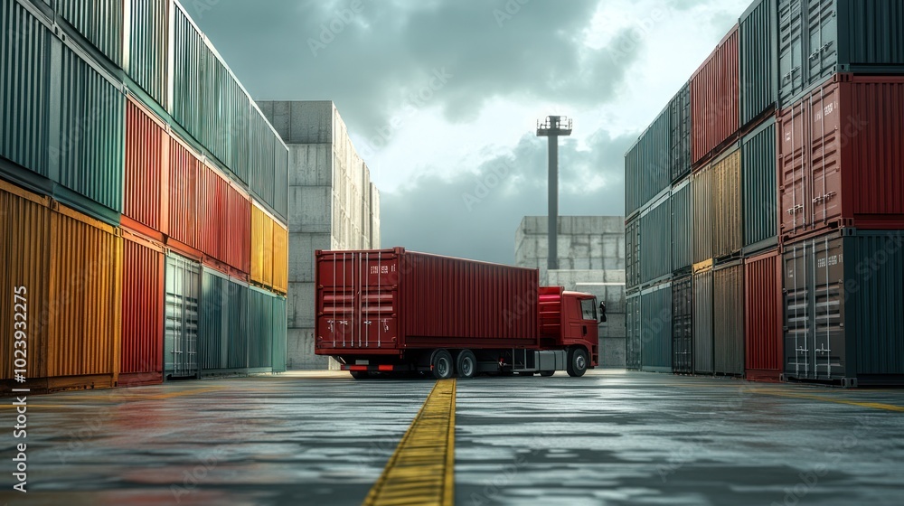 Fototapeta premium Red semi-trailer truck between stacks of shipping containers in a shipyard, ready for loading or unloading.