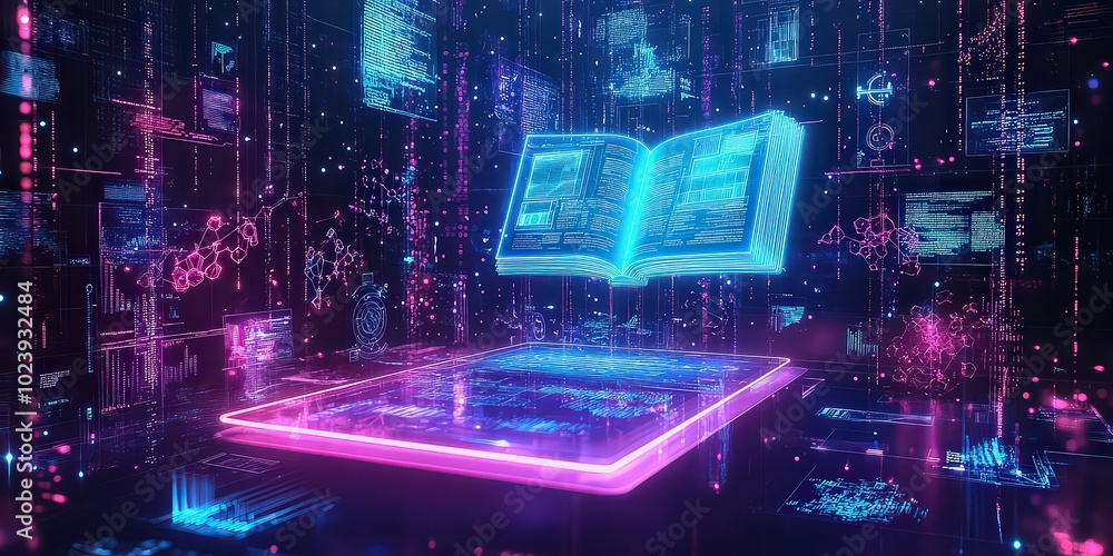 Neon-lit floating digital book with holographic pages, surrounded by data streams. A futuristic portrayal of learning and digital knowledge. Neon-lit floating digital book with holographic pages, surrounded by data streams. A futuristic portrayal of learning and digital knowledge.