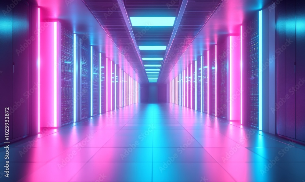 Abstract data center room with bright neon blue and pink light glowing server block Abstract data center room with bright neon blue and pink light glowing server block