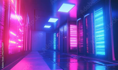 Abstract data center room with bright neon blue and pink light glowing server block