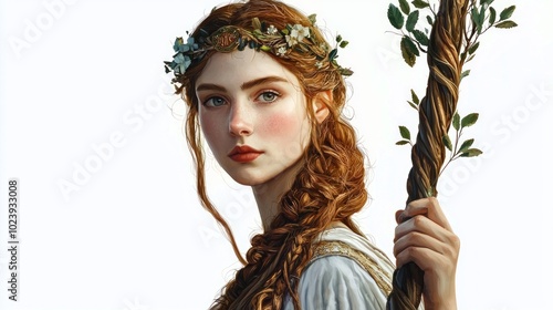 Frigg a prominent Scandinavian goddess is portrayed with flowing hair adorned with flowers. photo