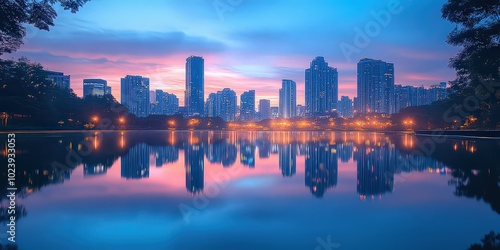  bustling city skyline perfectly mirrored on glassy lake, dusk's pastel colors blending into deep blue night, creating serene urban reflection.