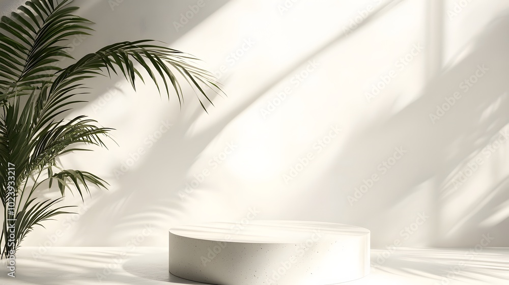 1. A minimalist cosmetic background featuring a sleek podium casting soft shadows under gentle sunlight, set against a crisp white backdrop, ideal for product presentation in a 3D rendering 1. A minimalist cosmetic background featuring a sleek podium casting soft shadows under gentle sunlight, set against a crisp white backdrop, ideal for product presentation in a 3D rendering