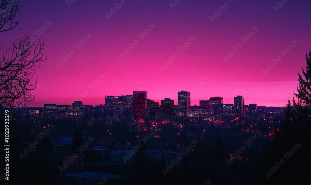 Fototapeta premium Skyline of Edmonton at dusk with a pink glow