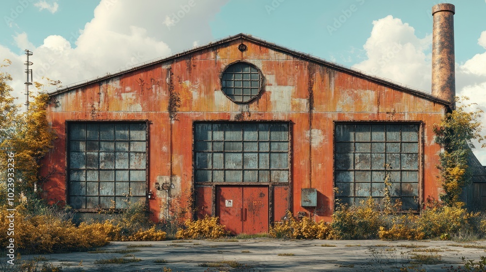 An abandoned rusty red factory building with large windows and a round window. An abandoned rusty red factory building with large windows and a round window.
