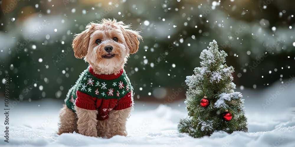 fluffy dog in festive red-green sweater sits happily in snow beside freshly cut Christmas tree, radiating holiday warmth and joy. fluffy dog in festive red-green sweater sits happily in snow beside freshly cut Christmas tree, radiating holiday warmth and joy.