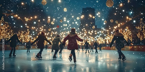  People ice skating in outdoor rink under glowing holiday lights, enjoying winter festivities in cheerful, illuminated atmosphere.