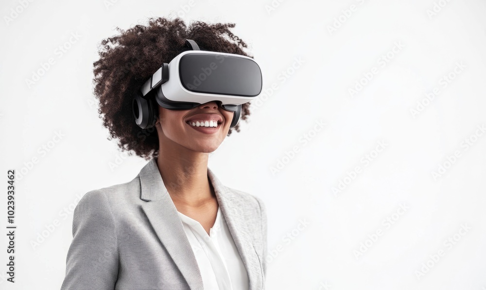 Smiling businesswoman in casual wear is wearing vr helmet Smiling businesswoman in casual wear is wearing vr helmet