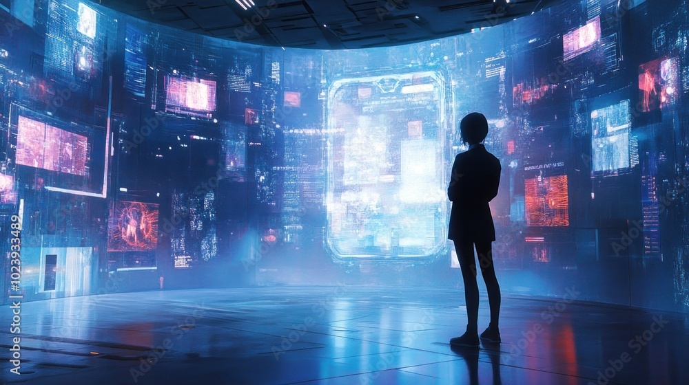 Silhouette of a Person Standing Before a Wall of Glowing Screens Silhouette of a Person Standing Before a Wall of Glowing Screens