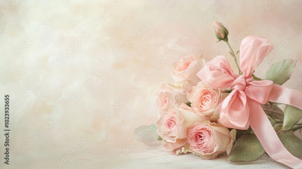 Bouquet of pink roses with satin ribbon lying on a table Bouquet of pink roses with satin ribbon lying on a table