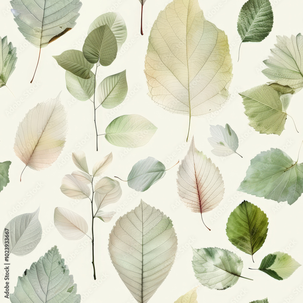 Fototapeta premium Delicate watercolor leaves in various shades create serene and natural pattern. This artwork showcases beauty of natures foliage.