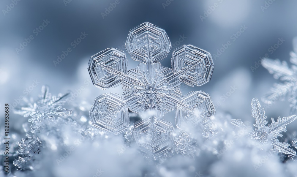 Snowflakes with hexagonal geometry, perfectly aligned on a frosty surface, each flake a masterpiece of natural symmetry Snowflakes with hexagonal geometry, perfectly aligned on a frosty surface, each flake a masterpiece of natural symmetry