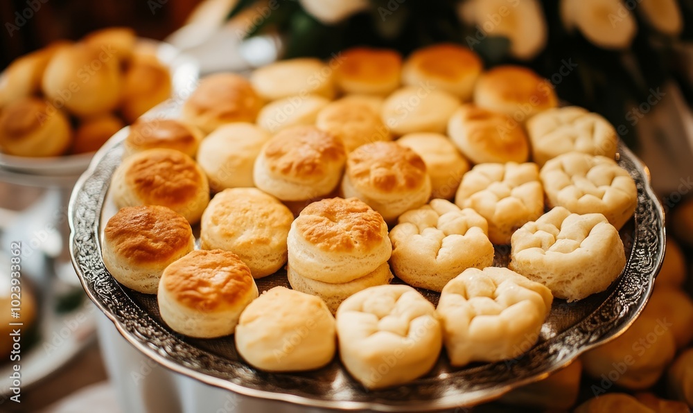 Soft homemade biscuits arranged on a platter seen from above at a wedding in Georgia, closeup Soft homemade biscuits arranged on a platter seen from above at a wedding in Georgia, closeup