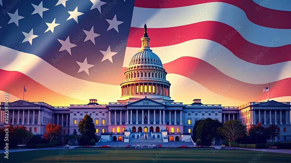 US Capitol Building with American Flag Overlay Representing Patriotism