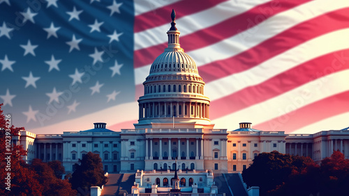 US Capitol Building with American Flag Overlay Representing Patriotism