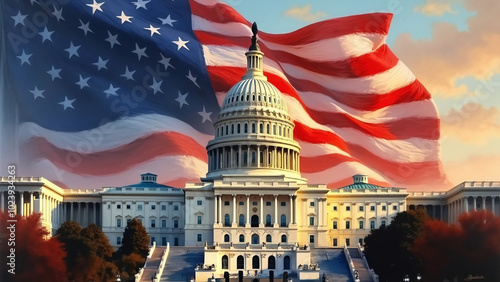 US Capitol Building with American Flag Overlay Representing Patriotism