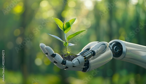 A robot hand holding a sprouting seedling in the forest, symbolizing environmental protection and sustainable development through artificial intelligence technology