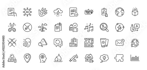 Inspect, Cut and New message line icons pack. AI, Question and Answer, Map pin icons. Solar panel, Music, Maze attention web icon. Meditation eye, Puzzle, Sunscreen pictogram. Vector