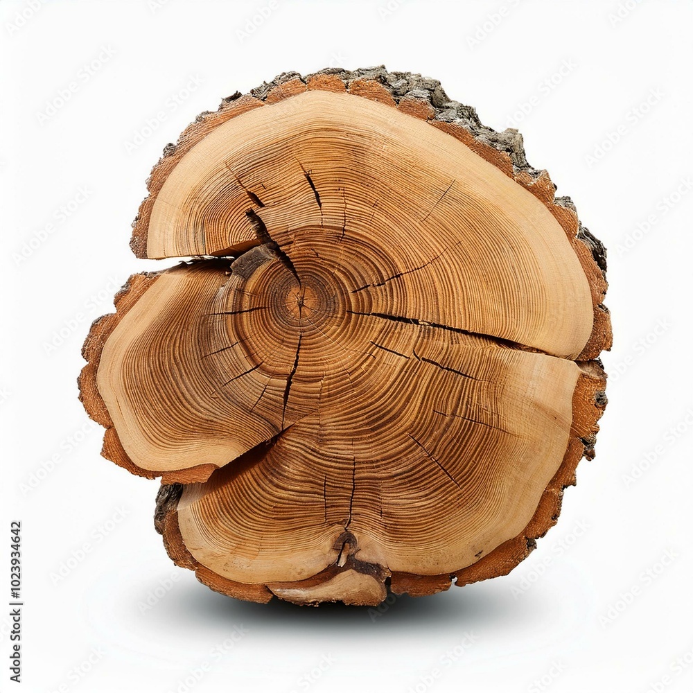 Round piece of wood in cross section with wood texture pattern isolated on a white background. Detailed organic surface. Round piece of wood in cross section with wood texture pattern isolated on a white background. Detailed organic surface.