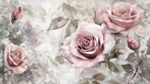 Pink roses blooming on grunge background