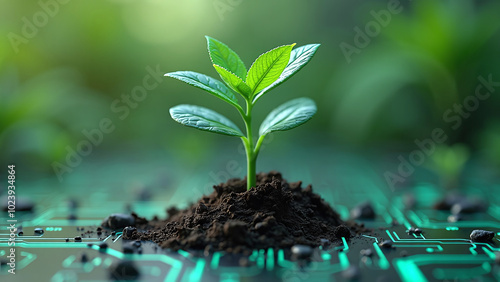 Plant Growing on Circuit Board Representing Green Technology