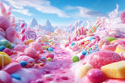 Seamless candy land panorama, filled with colorful sweets and candies, perfect for playful and whimsical scenes