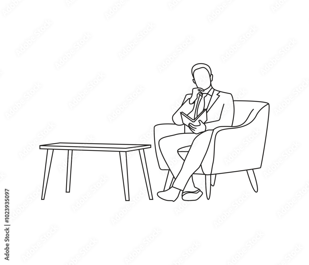 Continuous line drawing of a man sitting on a chair with a book Continuous line drawing of a man sitting on a chair with a book