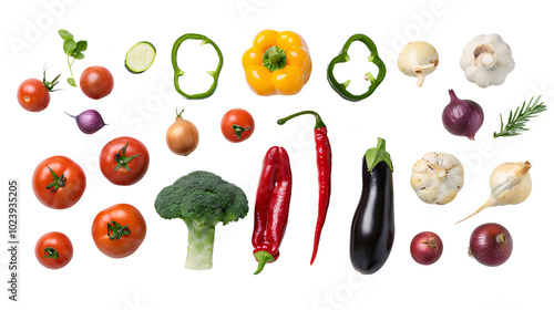 A variety of fresh vegetables including tomatoes, peppers, onions, garlic, broccoli, eggplant, and chili peppers on a white background. Generative ai