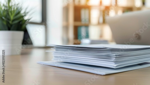 A stack of papers on an office desk, representing the heavy effort and rigor to create medical marketing materials