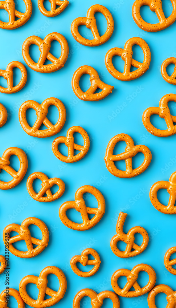 Flat lay pretzels pattern on blue background isolated with white highlights, png Flat lay pretzels pattern on blue background isolated with white highlights, png