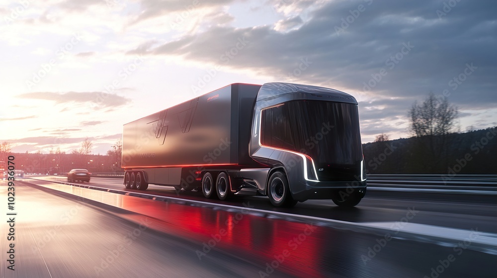 Futuristic Black Semi-Truck on Highway at Sunset Futuristic Black Semi-Truck on Highway at Sunset