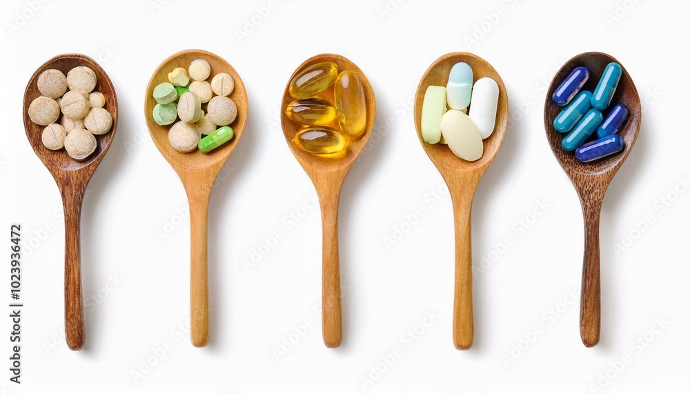 Top view Variety of vitamin and mineral pills in wooden spoon isolated on white background Top view Variety of vitamin and mineral pills in wooden spoon isolated on white background