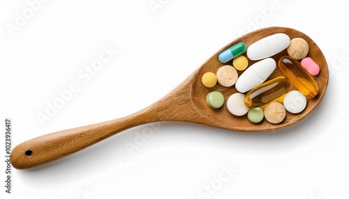 Variety of vitamin and mineral pills in wooden spoon isolated on white background 