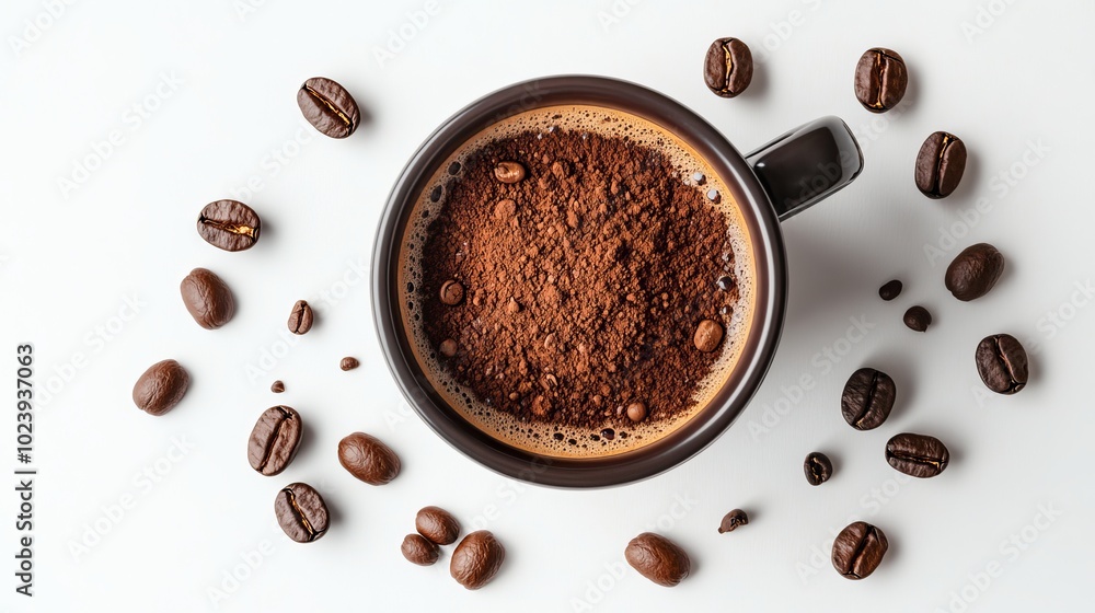 Conceptual Photography of a Coffee Mug with Ground Coffee Beans Isolated on a White Background. Conceptual Photography of a Coffee Mug with Ground Coffee Beans Isolated on a White Background.