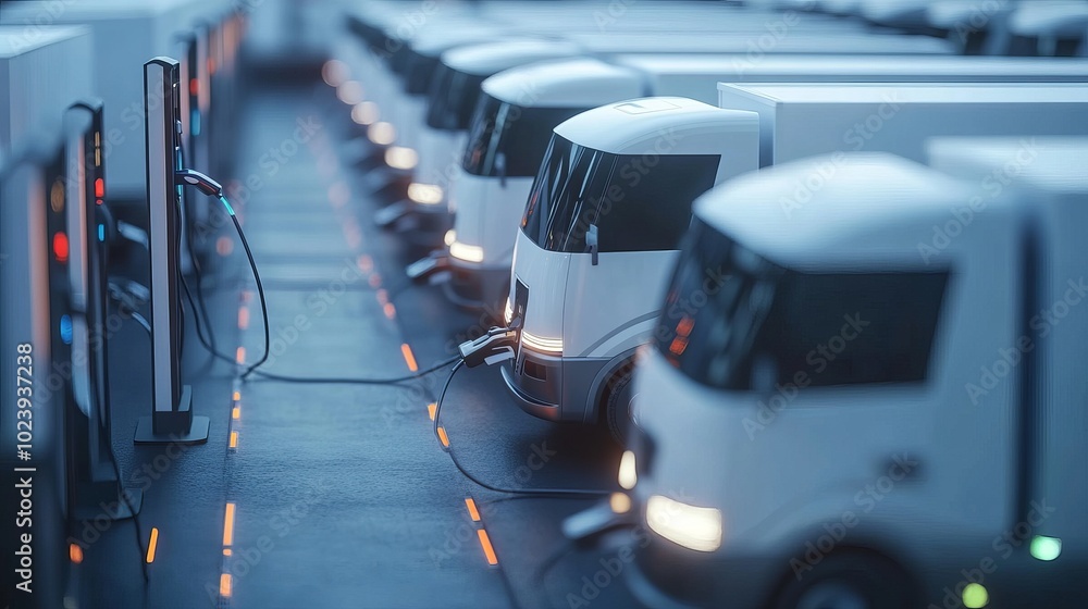 Obraz premium A fleet of business electric vehicles, including cargo transport and delivery, semi-trucks and vans powered by sustainable solar and wind electricity, are charging at a rapid charger station situated 