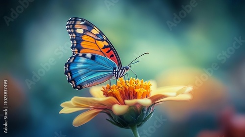 2024's Photo of the Day. A stunning butterfly rests quietly on a vibrant flower, its iridescent wings displaying a stunning array of orange and blue hues. As it sip honey with delicacy. 