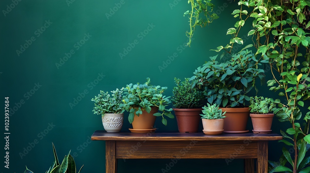 5. A vibrant image featuring a brown wooden table with carefully arranged potted plants, set against a deep green wall, highlighting the beauty of nature in an indoor space 5. A vibrant image featuring a brown wooden table with carefully arranged potted plants, set against a deep green wall, highlighting the beauty of nature in an indoor space